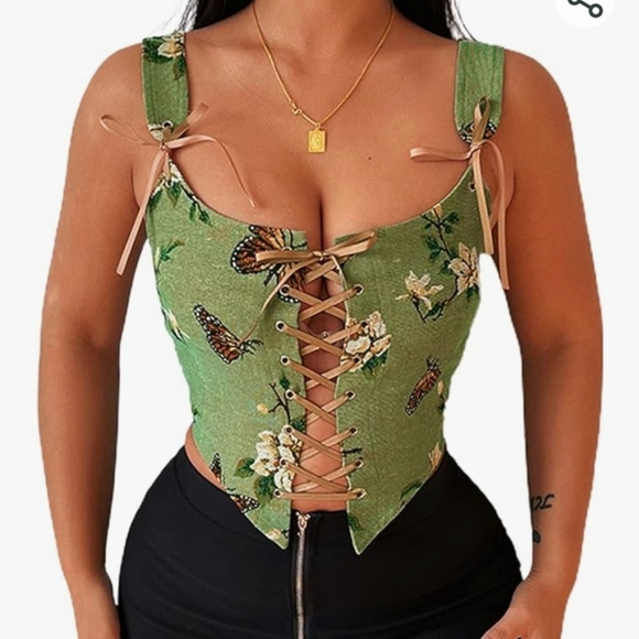 Tops - Tapestry Corset Top in green Floral Lace-up XXL